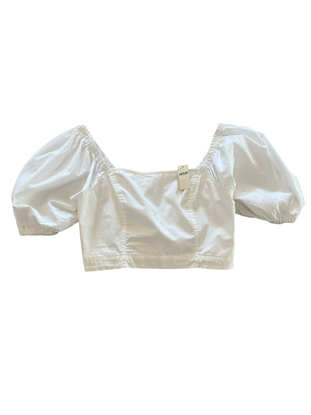 Aerie White Puff Sleeve Square Neck Cottagecore Coastal Nautical Cropped Top- S
